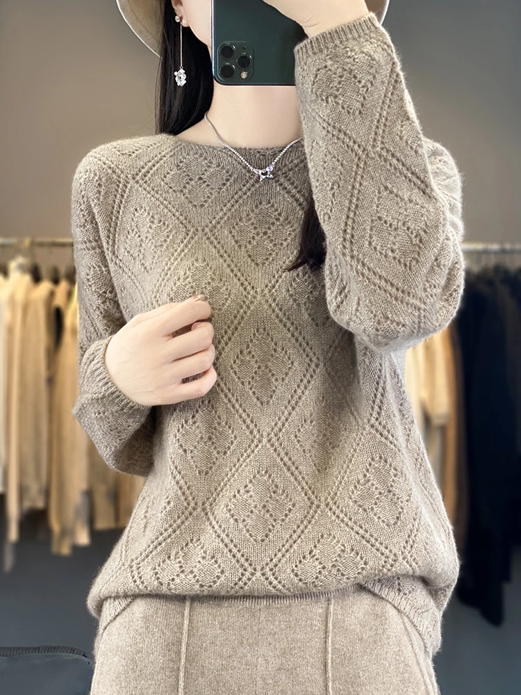 

New 100% Wool Women's Sweater Slash Neck Diamond Hollow Out Loose Pullover Knitting High-Quality Long Sleeved Clothing Tops