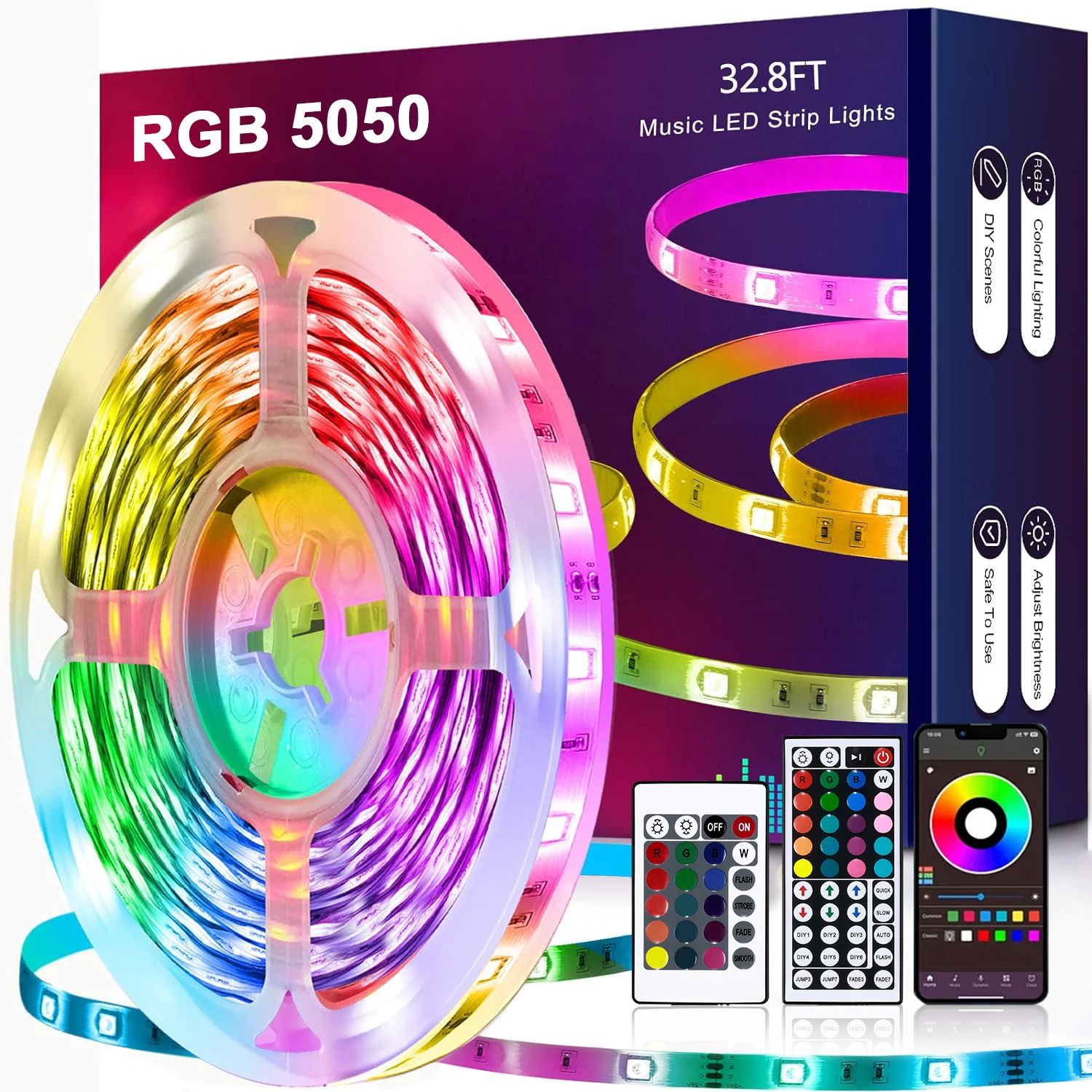 LED Strip Lights RGB 5050 1-40M Music Sync Color Change 5V Smart App Control Flexible Ribbon Diode for TV Room Party Decoration