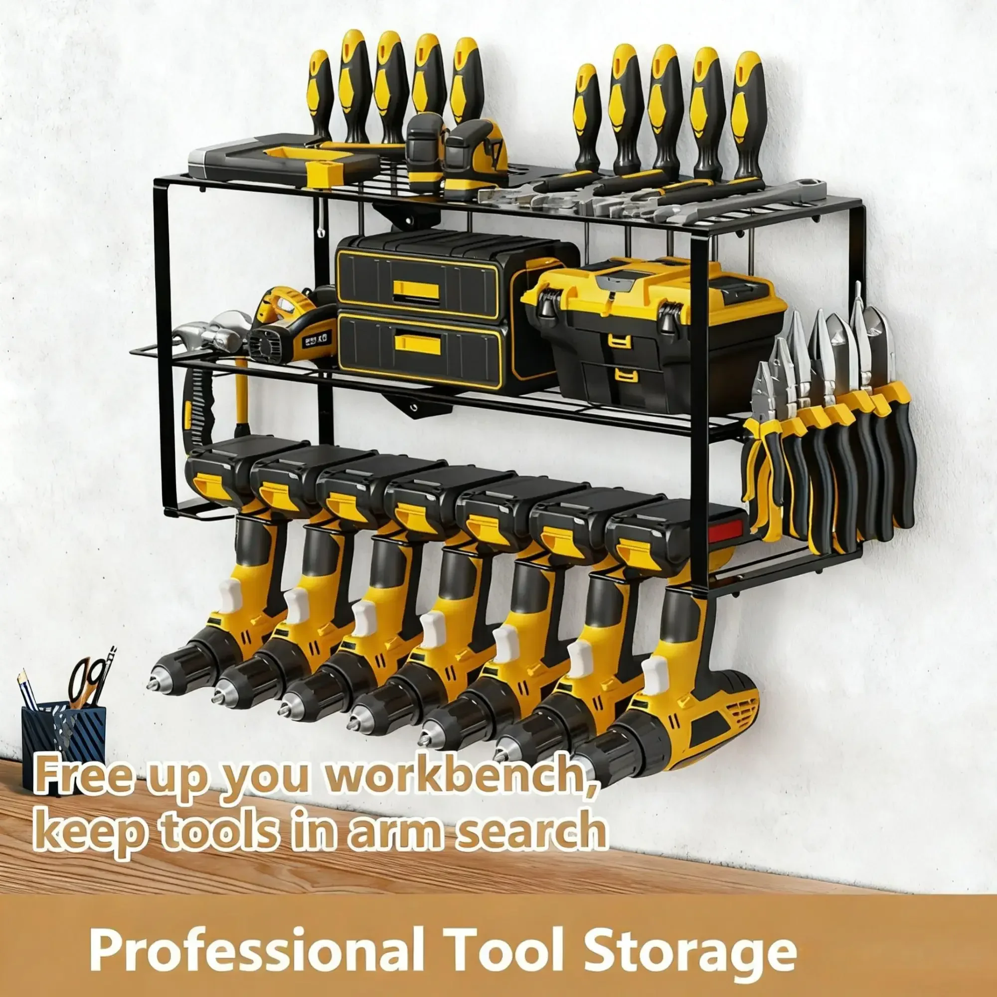Heavy Duty Wall Mounted Power Tool Organizer 3-Tier Cordless Drill Holder Rack 7 Slots 150lbs Capacity Space Saving Storage Shelf Hardware Organizer for Garage Workshop Utility Room