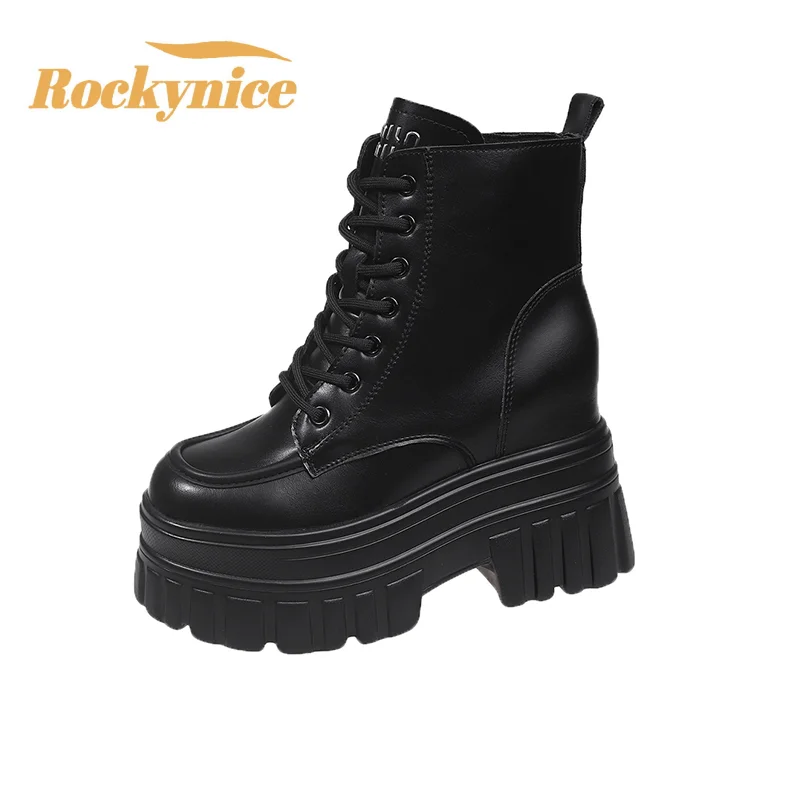 High Platform Ankle Boots Women Lace-up Combat Motorcycle Boots Classic Punk Leather Shoes Woman Thick Soles Warm Fur Snow Boots
