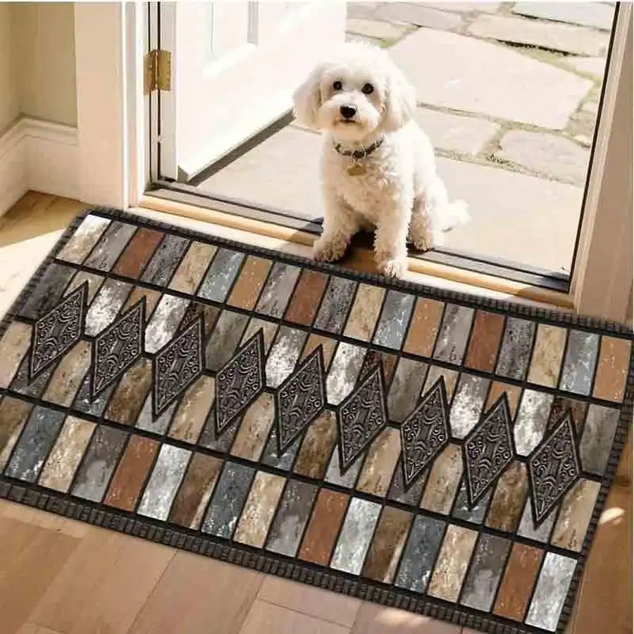 1pc Flannel Floor MatVintage Moroccan Geometric Pattern Floor Mat Decorative Earth Tone Rectangular Rug Home AccentNon-Slip, Machine Washable, Soft Area Rug For