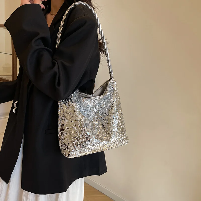 

Fashion Sequins Shoulder Underarm Bags for Women 2025 new Spring Summer Glitter Bucket Bag Commuting Large Capacity Totes Pack