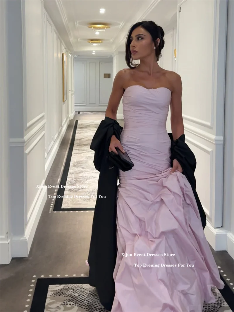 Suknie wieczorowe Xijun z różowej tafty, długie, bez rękawów, plisowane, w kształcie litery A, formalne suknie na studniówkę, suknie balowe do ziemi w stylu gwiazd, możliwość personalizacji.