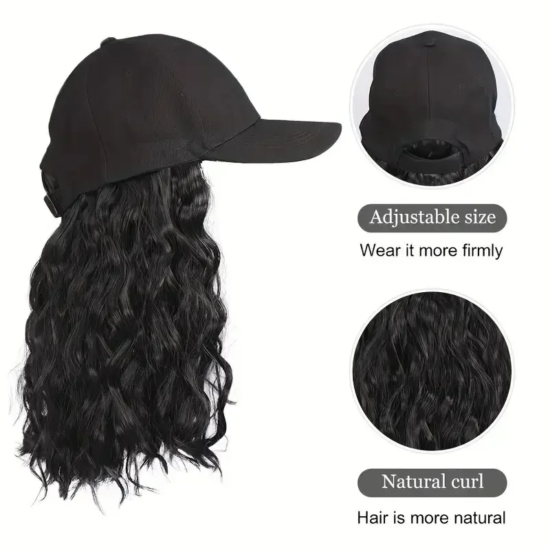 Peluca de gorra de béisbol de onda corta con extensión de cabello rizado peluca de onda sintética sombrero para mujeres ajustable marrón negro gorra de béisbol peluca