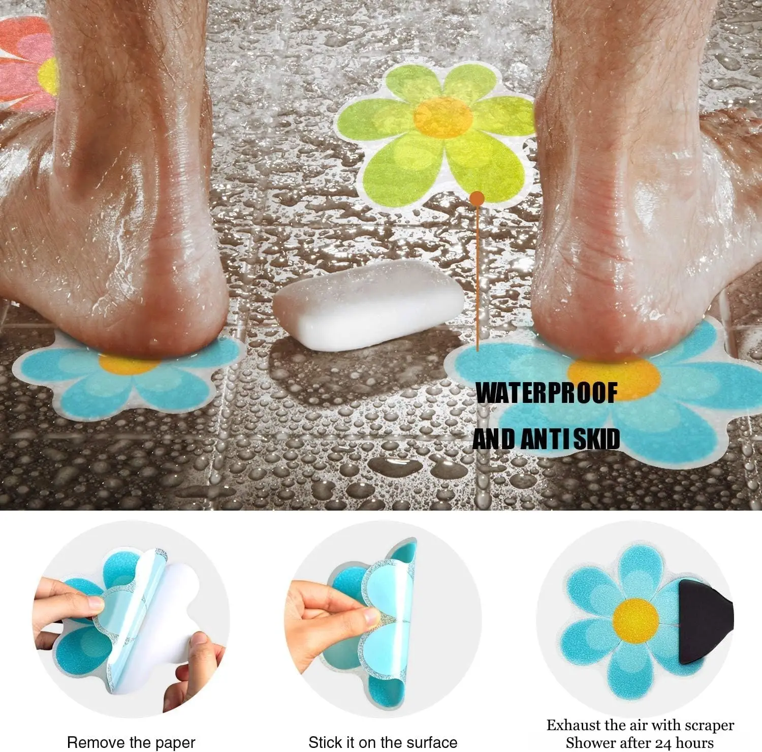 20Pcs Flower Shape Non Slip Bathtub Stickers with Scraper,Shower Floor Anti Slip Stickers for Safety,Adhesive Decals for Stairs
