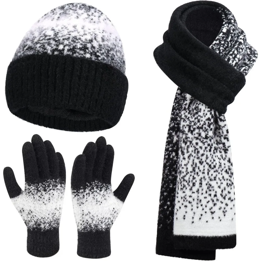 

Женские зимние вязаные шапки-бини и перчатки с сенсорным экраном, длинный шарф, комплект с теплыми шапками-черепами на флисовой подкладке, шарфы для женщин