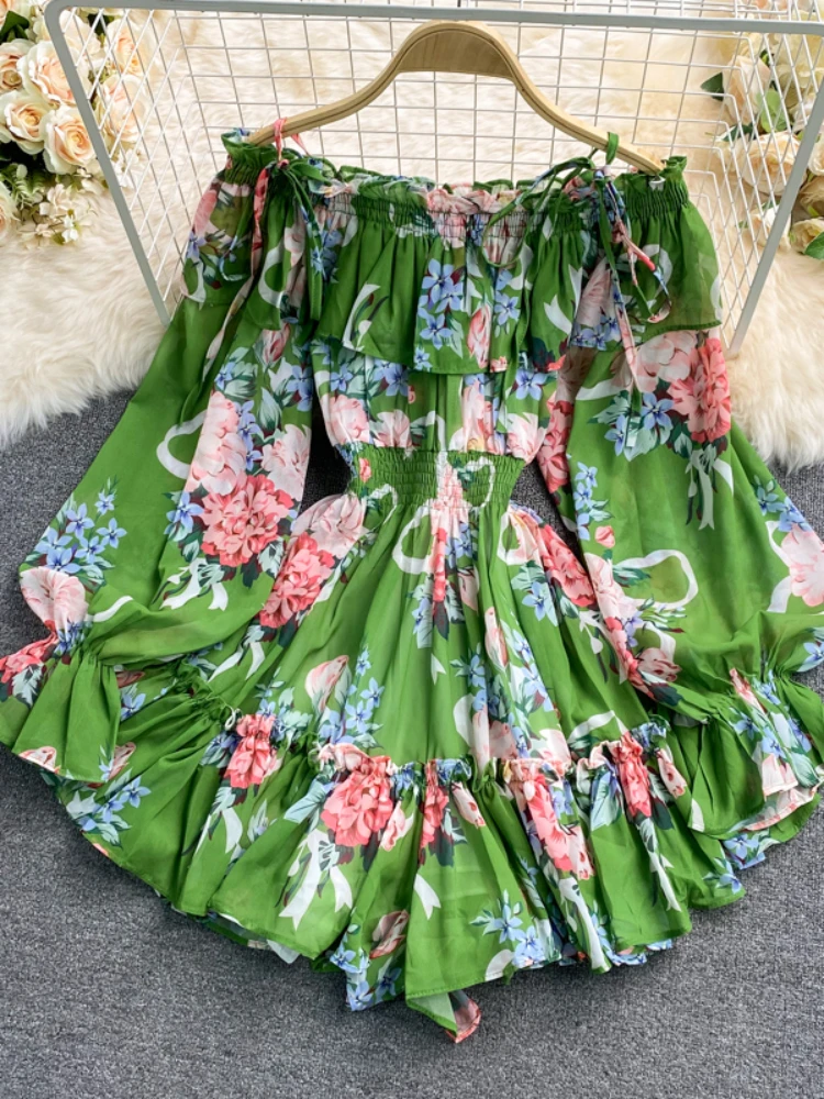 Women Fashion Sexy Seaside Vacation One Shoulder Print Chiffon Jumpsuit Summer Loose Wide Leg Shorts