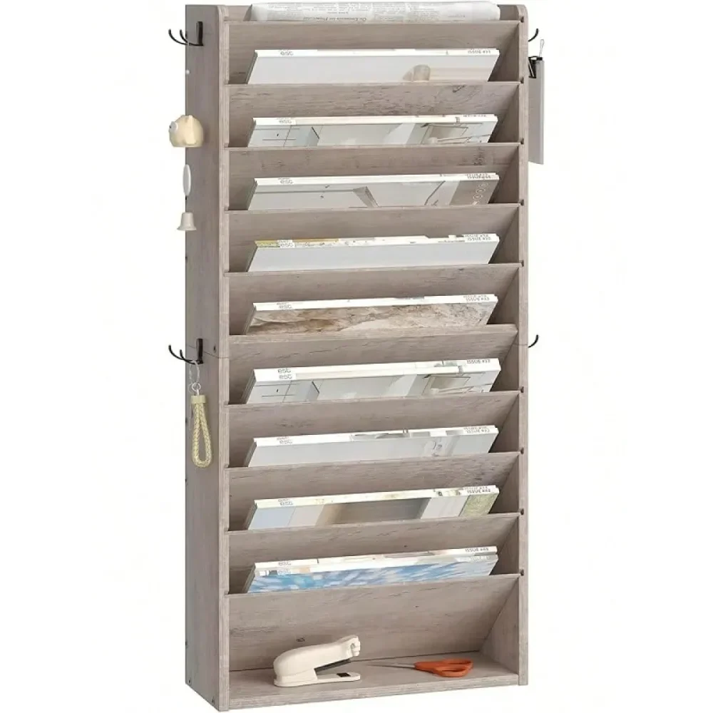 

Office StorageFile Organizer, 6Tier Vertical Mount Hanging Holder With 2 Side Hooks, Vintage Wooden Magazine Storage Crate With