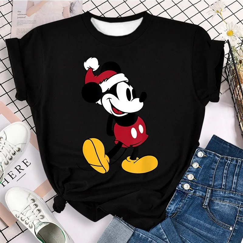 

Новинка 2025, рождественская женская модная уличная одежда с 3D принтом Микки и Минни Диснея, женская дышащая быстросохнущая футболка