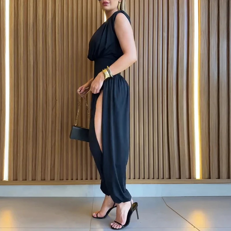 

Fashion Solid Office Commute Bodysuit Elegant High Waisted Side Slit Sports Jumpsuit Simple O-neck Slim Fit Sleeveless Playsuit