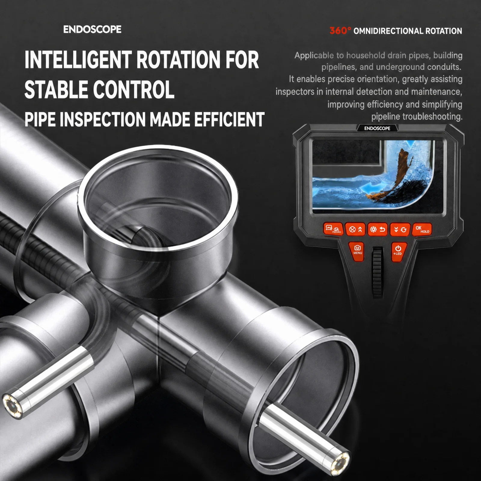 A45 1080P HD Industrial Endoscope Camera, 6 LEDs, Bi‑directional 360° Rotatable Lens, 4.5‑Inch Screen, Photo & Video for Pipelin