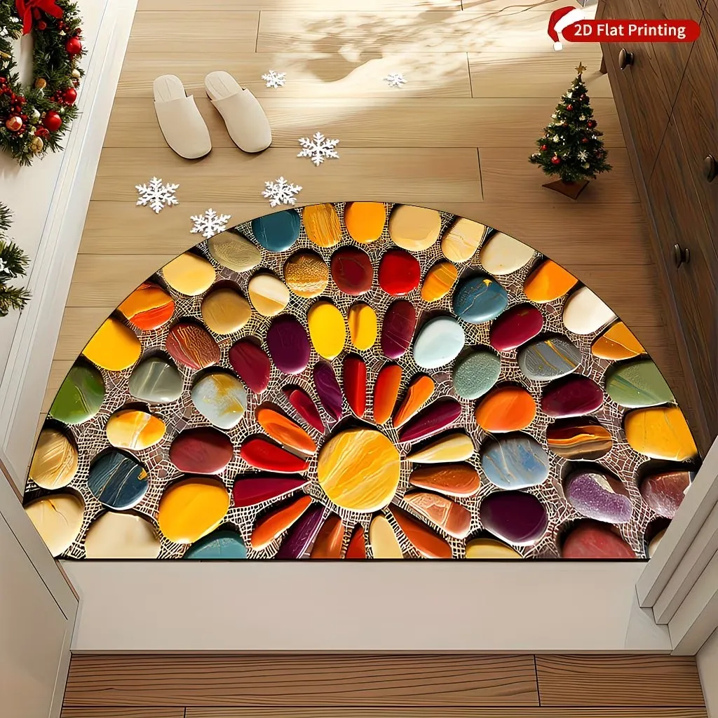 Half Moon Entrance Mat Non-Slip Colorful Stone Welcome Doormat Washable Front Door Rug Creative Semi-Circle Indoor Floor Rug