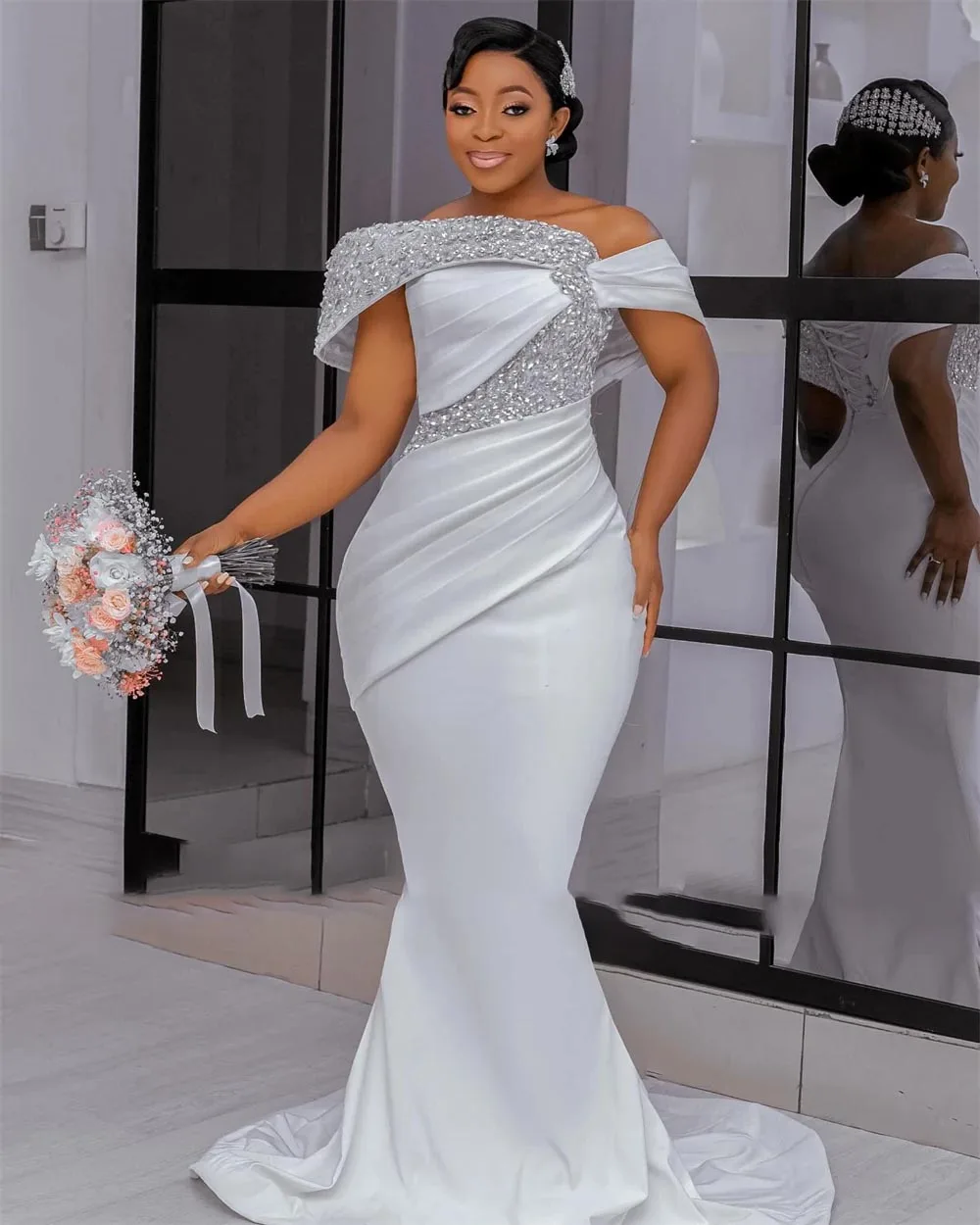 

Customized Off The Shoulder Mermaid Wedding Dresses Beaded Rhinestones With Detachable Train African Bridal Gowns