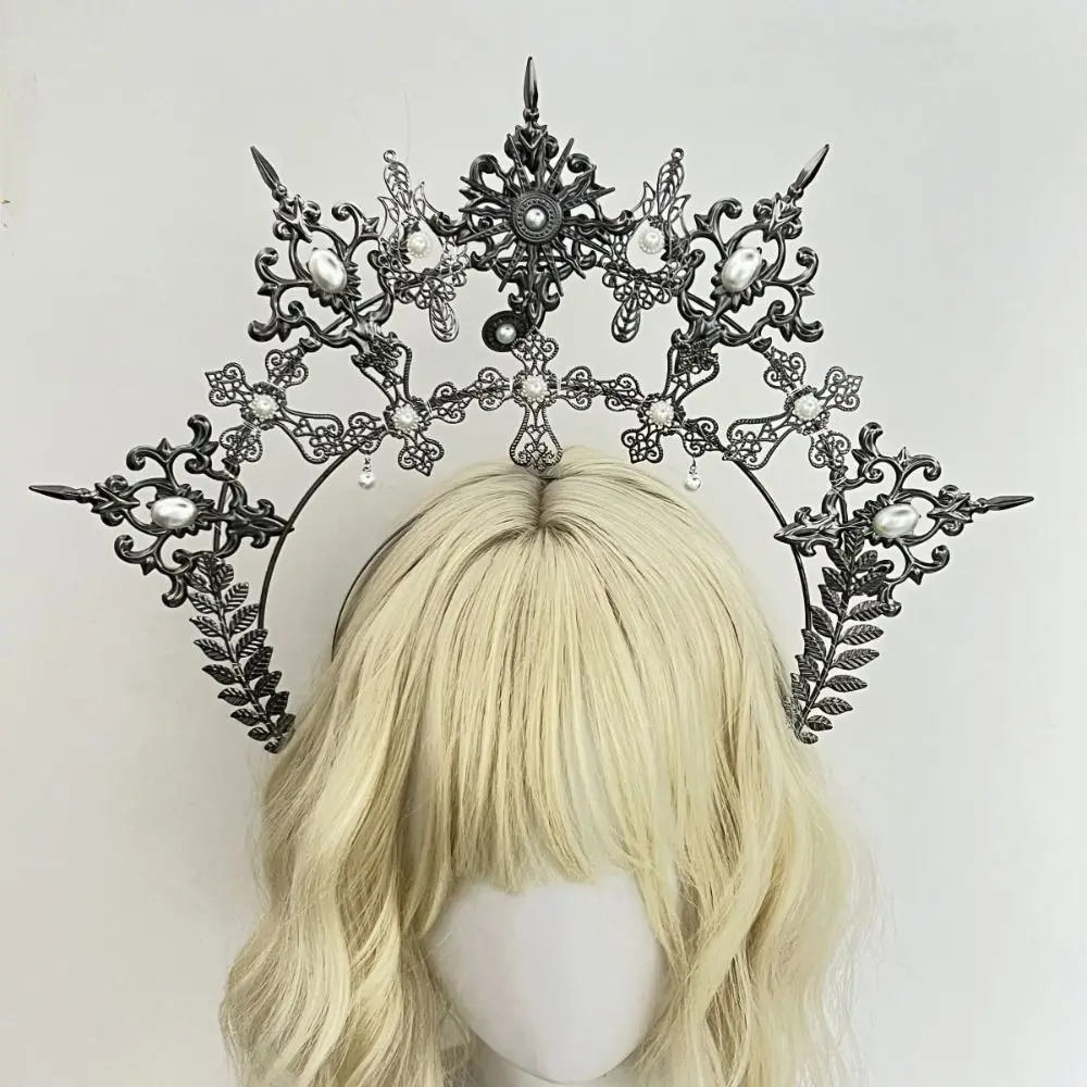 

Gold Plated Sun Goddess Crown Faux Pearl Inlaid Metallic Alloy Material Baroque Tiara Headband Spike Design Handmade