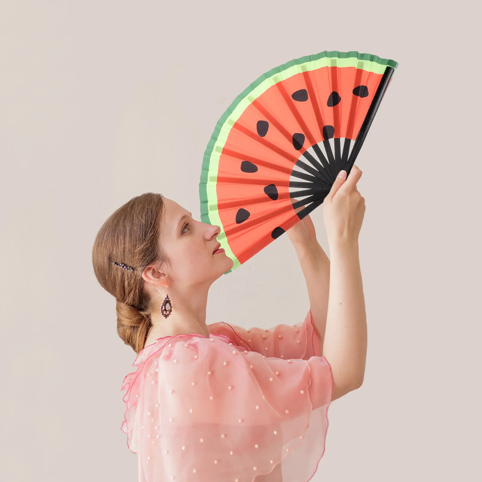 Glowing Japanese Watermelon Folding Hand Fan Bamboo Uv Reactive Fan for Stage Performance Wedding