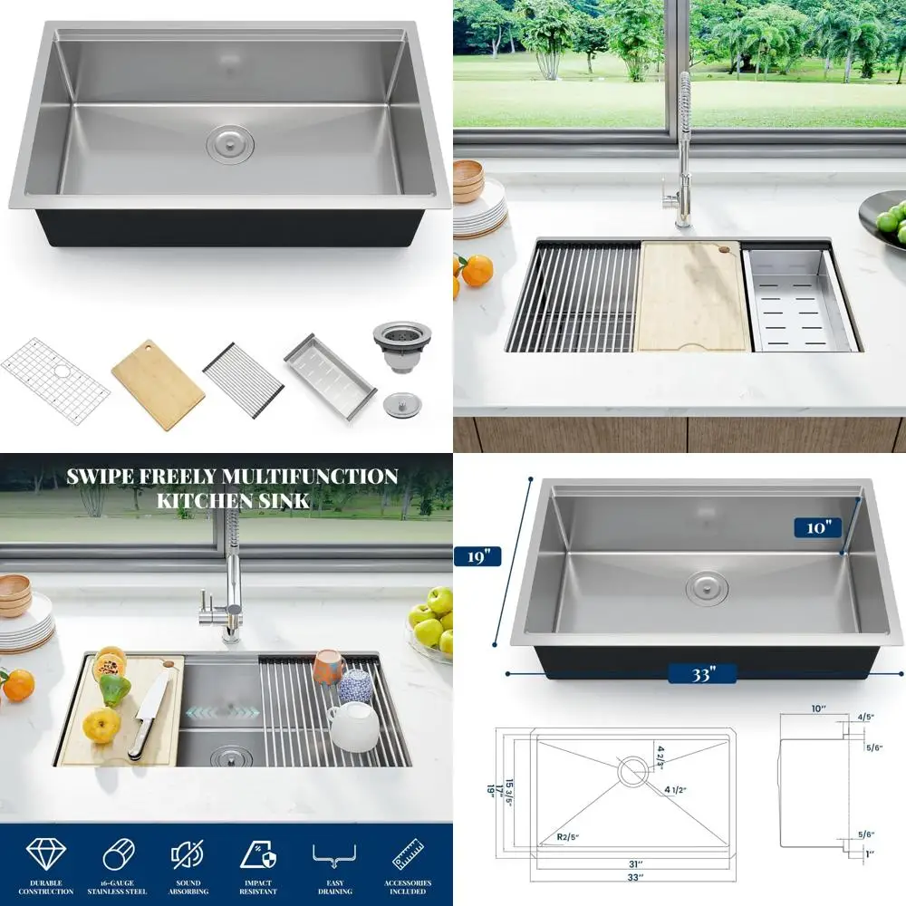 

Stainless Steel 16 Gauge Single Bowl Undermount Kitchen Sink, 33 Inch Brushed Nickel, Single-tier Track Design Bar Sink