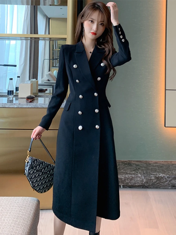 Elegant Office Women Long Jacket Coat Blazer Black Simple Double Breasted Slim Retro Lady Formal Mujer Suit Outwear Windbreaker