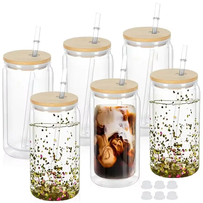 AWAH Double Wall Insulated Plastic Water Bottle Set-6PCS 16 Oz With Straws Lids DIY Snowball Cups Featuring Pre-Drilled Holes