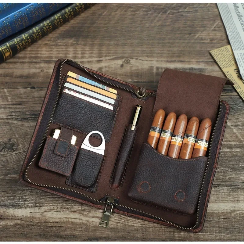 Travel Cigar Case Leather 5 Tube Cigar Holder Multifunctional Cigars Storage Bag Portable Smoking Cigar Accessories