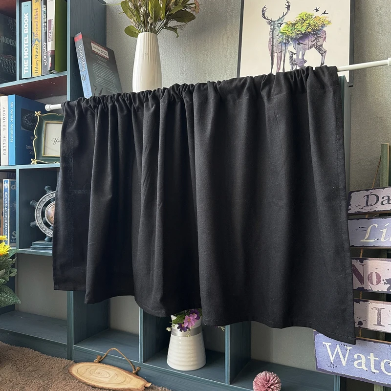

Black Short Linen Textured Curtain for Bedroom Small Window Curtain Rod Pocket Semi Sheer Light Filtering Drapes for Living Room