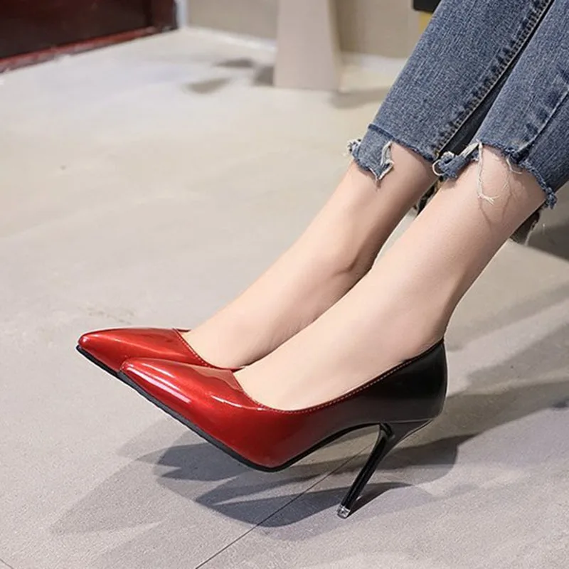 Gradient Color Pointed Toe Shallow 10CM High Heels Pumps Women Shoes Office Casual Thin Heels Women Dress Zapatos Large Size