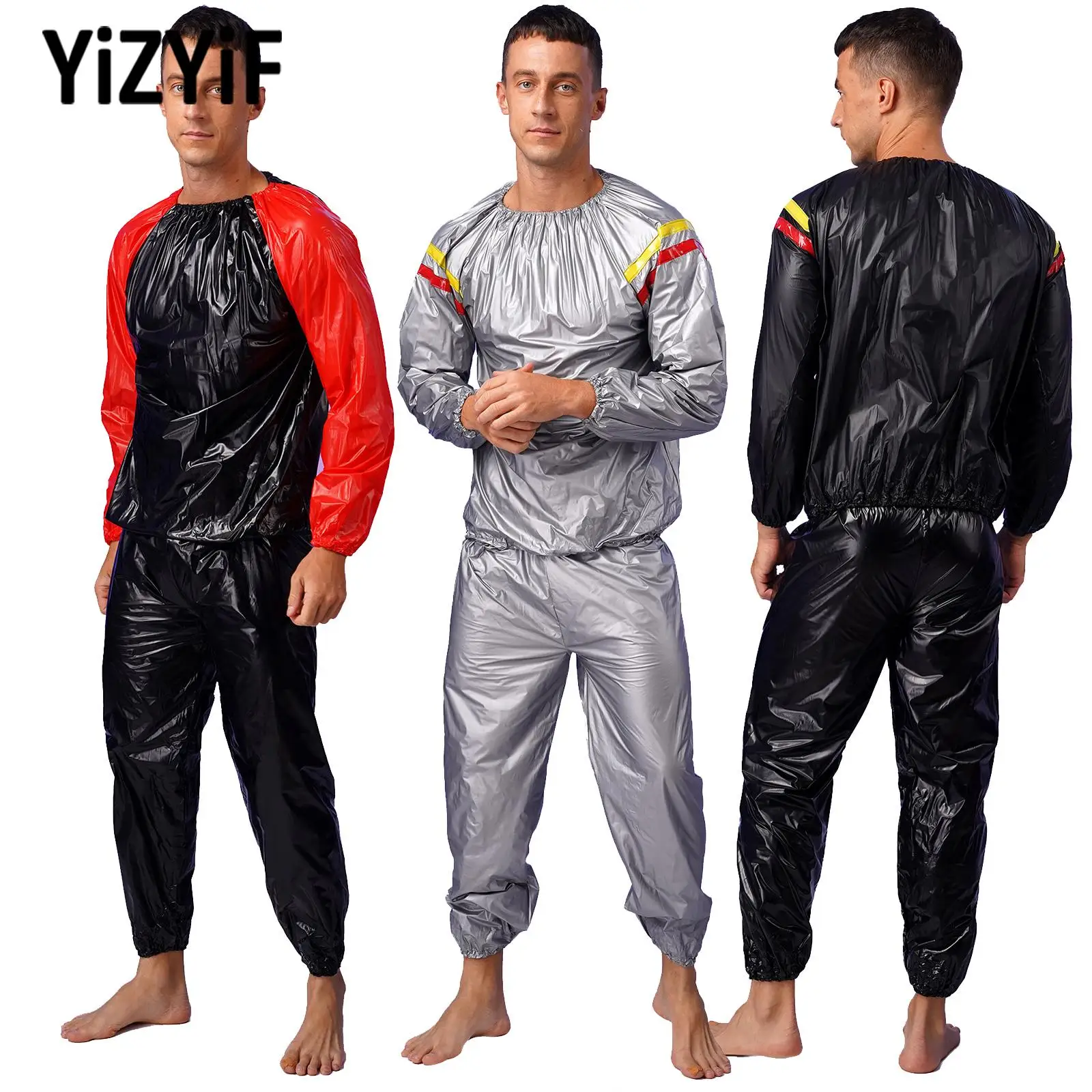 Mens Womens PVC Sauna Suit Fitness Gym Workout Weight Loss Outfits Contrast Color Stripe Long Sleeve Top with Pants