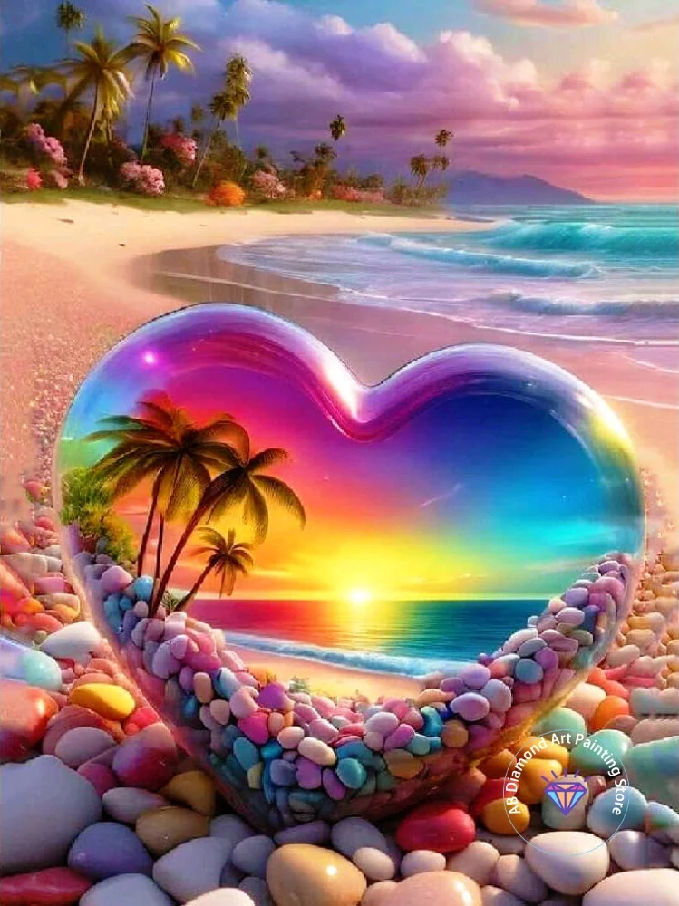 

Love Seaside AB Diamond Painting Kit Square Round Diamond 5D DIY Sunset Pebble Landscape Mosaic Handmade Art Gift Home Decor