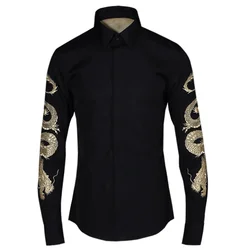 Lente nieuw grensoverschrijdend Golden Dragon herenoverhemd met lange mouwen, geborduurd overhemd in Chinese stijl, slim fit herenoverhemd