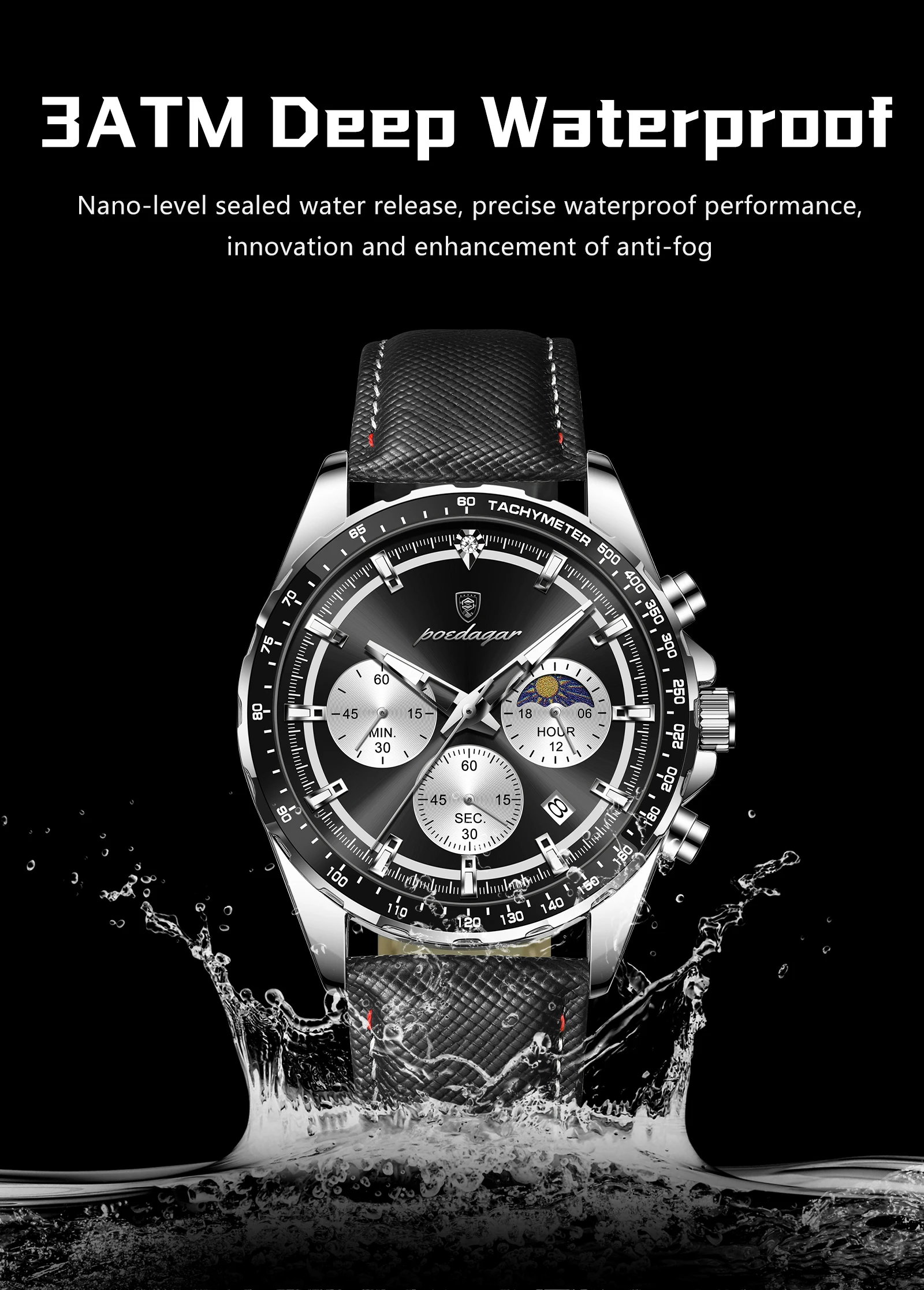 POEDAGAR Top Original Herrenuhren Leuchtend Wasserdicht Modische Männeruhr Leder Chronograph Datum Quarz Sport Herren Armbanduhr – Detail 11
