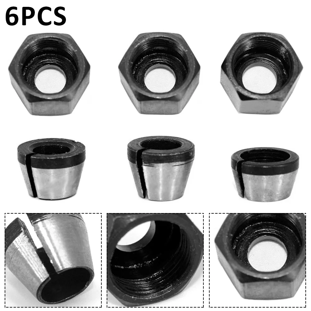 6Pcs Router Bit Collet Chuck Set 6/6.35/8mm Trimmer Collet Chuck Heads Carbon Steel Collet Chuck Adapter for Drills Engraving