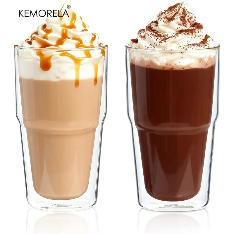 KEMORELA 473 ml doppelwandiger Glasbecher, 2 Stück, klare isolierte Borosilikatgläser für Eiskaffee, Kaltbrühen, Smoothie-Cocktail
