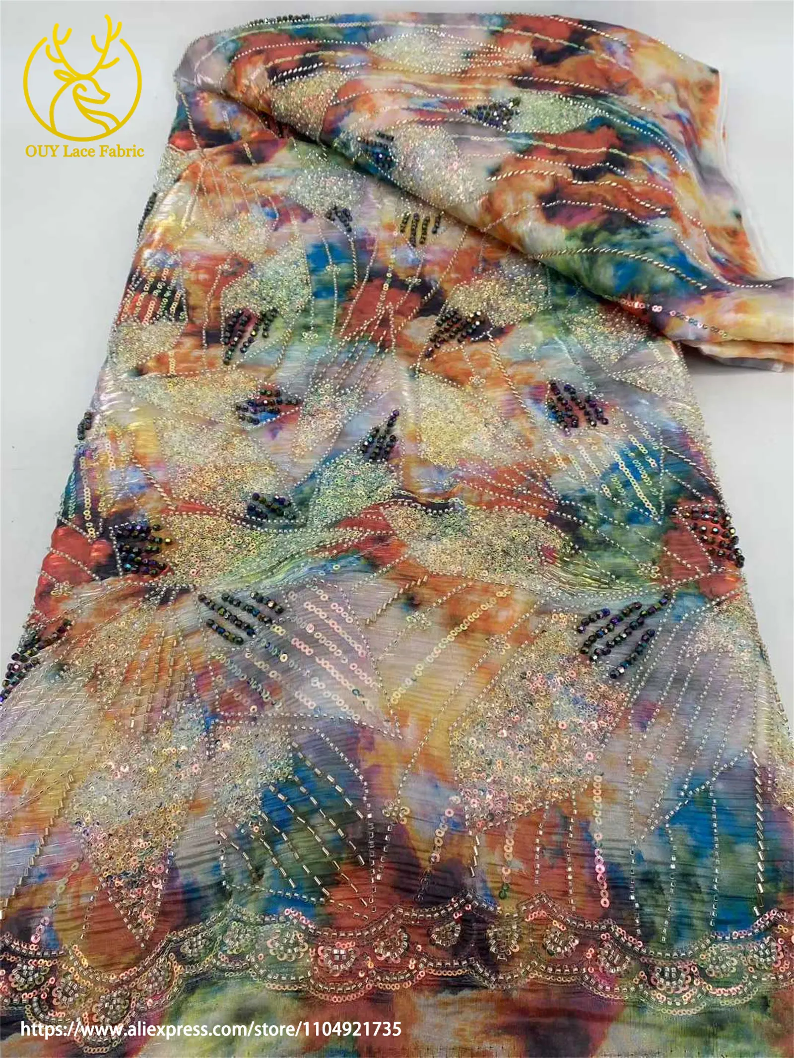 Französisch Bunte Mode Frauen Party Abendessen Kleid Nähen Material Hohe Qualität Afrikanische Pailletten Perlen Stickerei Spitze Stoffe – Detail 10