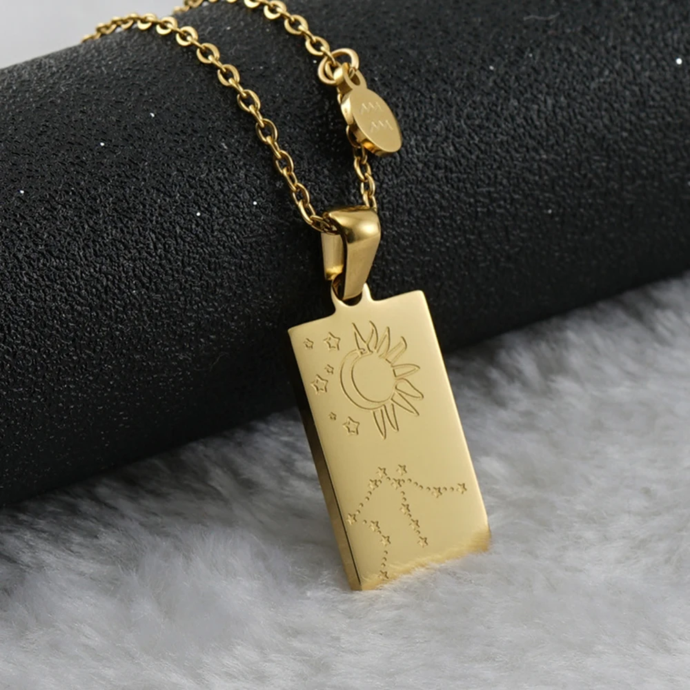 12 Constellations Tarot Necklace Stainless Steel Plating Gold Color Square Zodiac Sign Pendant Clavicle Chain for Women Jewelry