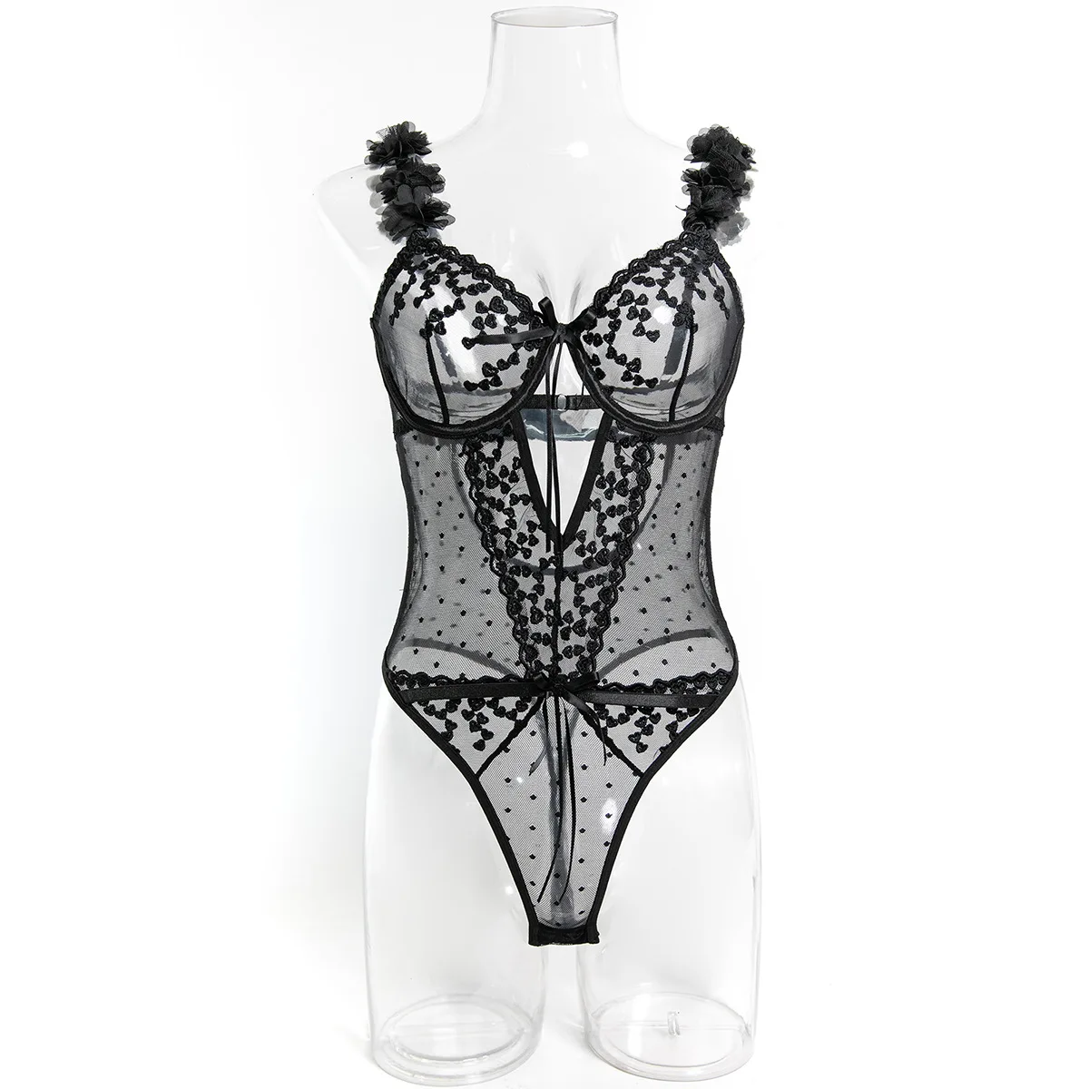 Sexy Babydoll Bodysuit Embroidery Petal Hollow See-through Solid Color Bow Knot Slim Backless Mesh Interestingset