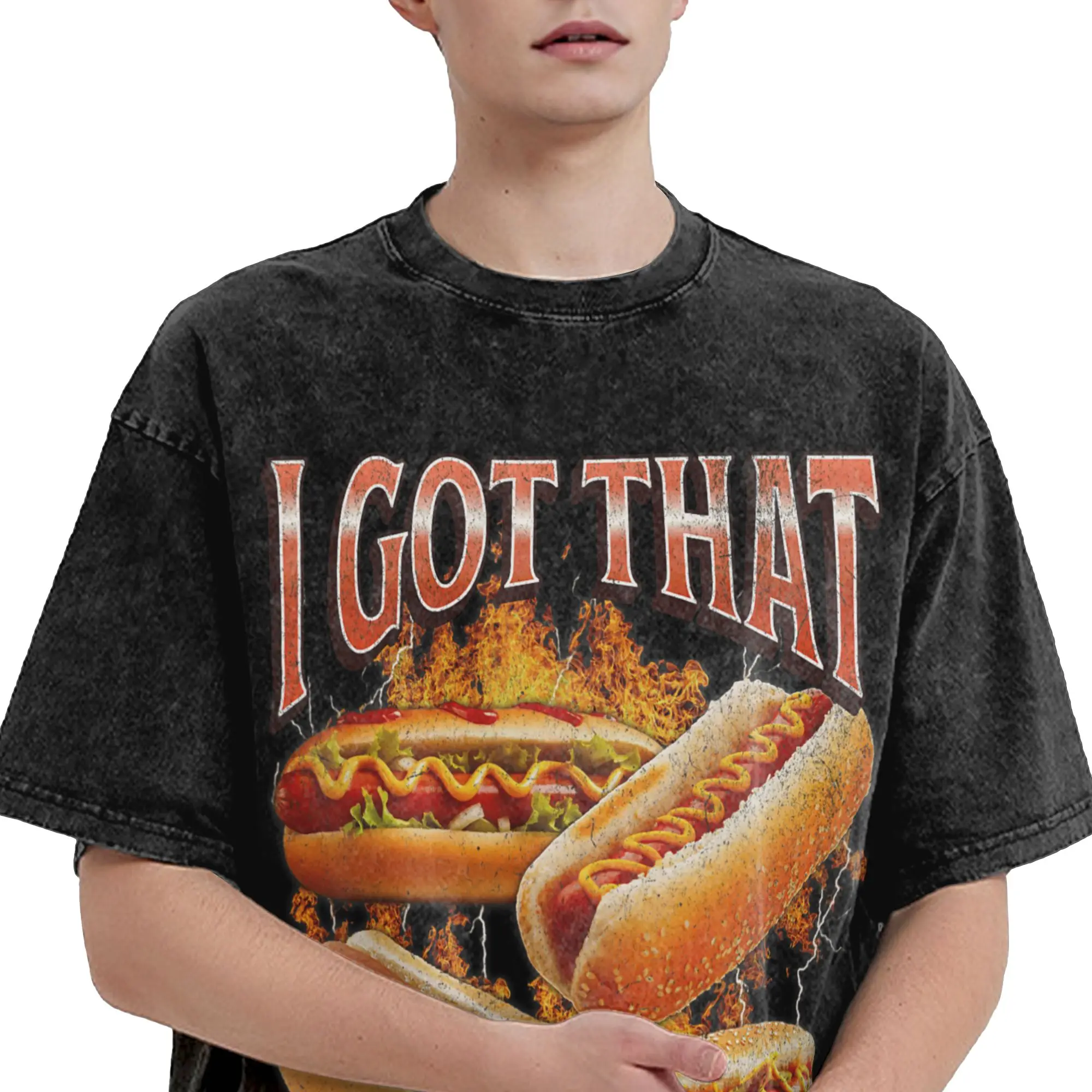 I Got That Dog in Me Funny Hot Dog Glizzy Outfit Washed T Shirts for Men Women Streetwear Hip Hop T-Shirt Graphic Printed