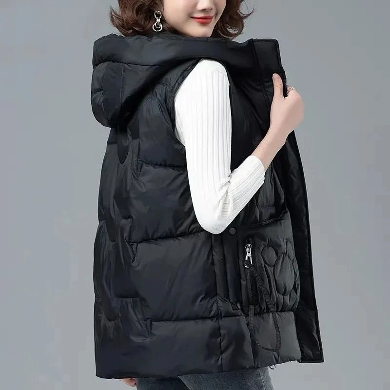 

Черный женский пуховый хлопковый жилет, куртка 2022, осень-зима, новая корейская версия, свободные пальто без рукавов, женский жилет с капюшоном, топы