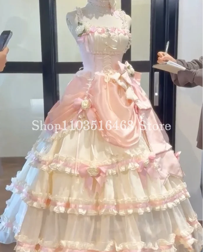 Fantasy Fluffy Victoria Prom Dress Baby Pink Lolita Corset Tie Applique Embroidered Puffy Graduation dresses woman