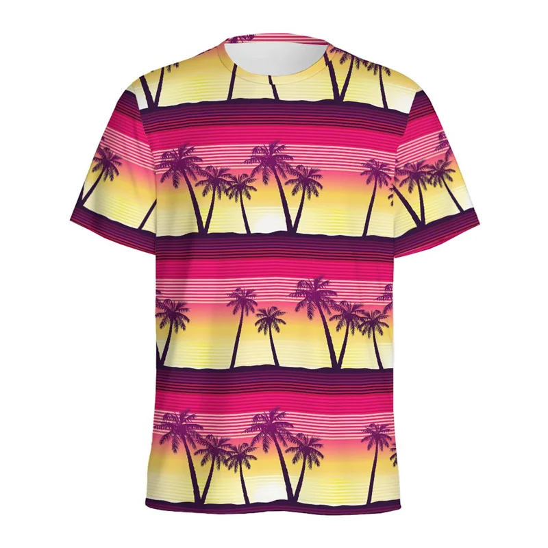 Summer Palm Tree Graphic T-shirt Men Hawaiian Tropical Plants 3D Printed T Shirt Tops Short Sleeves Oversized Round Neck Tees