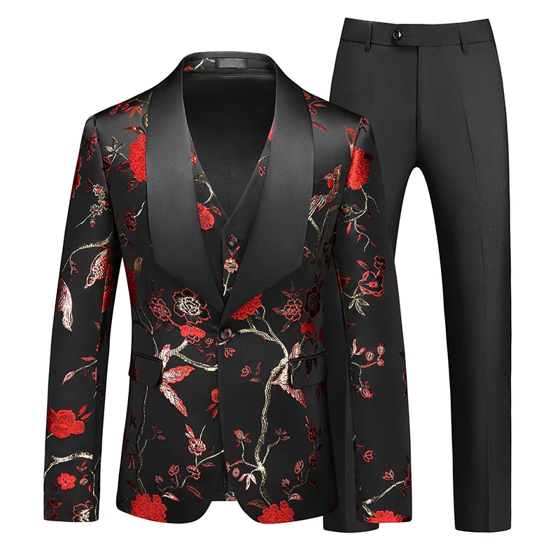 6XL Elegant Men's Floral Blazer + Vest + Trousers Fashion One Button Men 3 Piece Suits Groom Wedding Formal Mens Tuxedo Sets