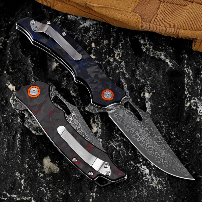 

J385 Folding Knife Damascus Blade Carbon Fiber Handle Camping Survial Outdoor Hunting Tactical Pocket Utility Knives EDC Tools