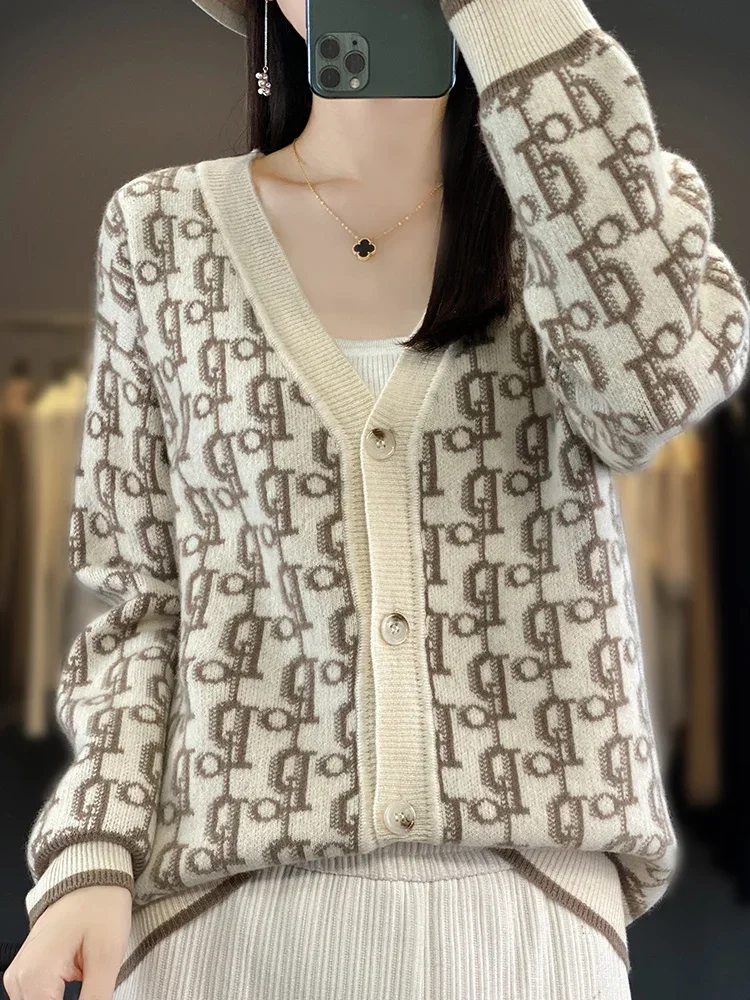 

Loose Casual Cashmere Cardigan Women Letter Jacquard V-Neck Sweater Cardigan Luxury Women's Sweater Winter 2024 Long Sleeve Top