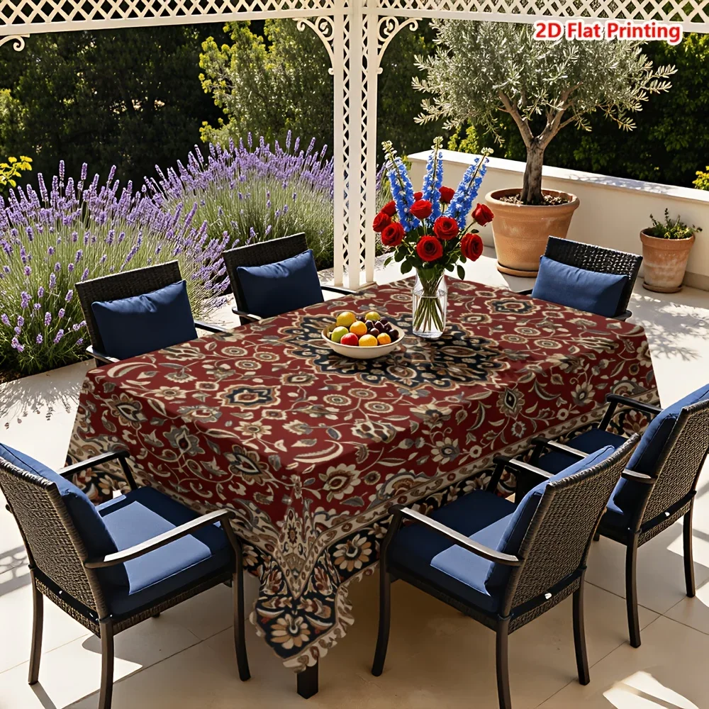 1pc tablecloth, retro Persian style wine red floral vine border tablecloth, polyester fiber material