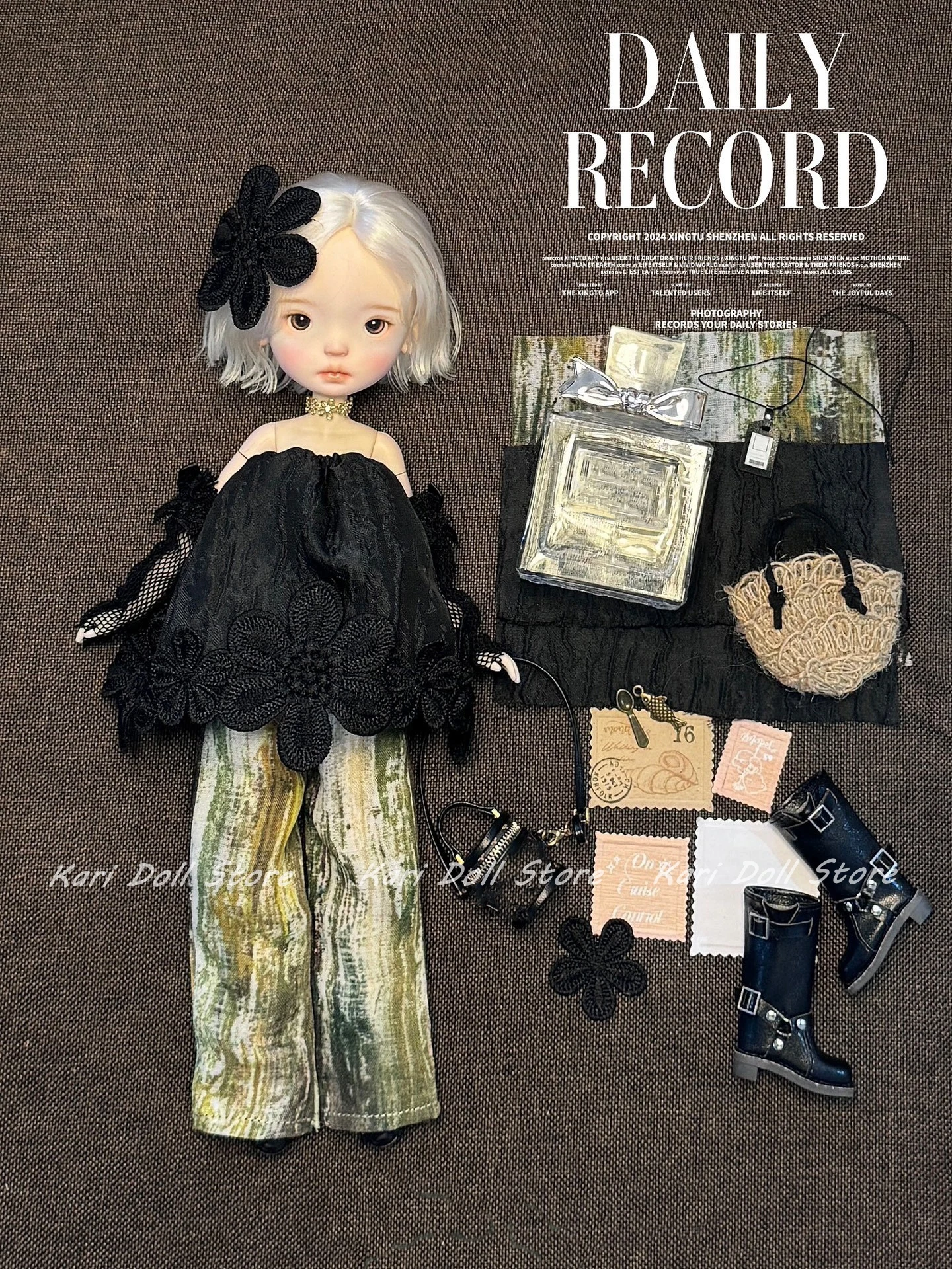 

Kari Doll Одежда и юбки Черное лоскутное платье с цветочным принтом и зелеными брюками из мха для куклы Landazz Landoudou