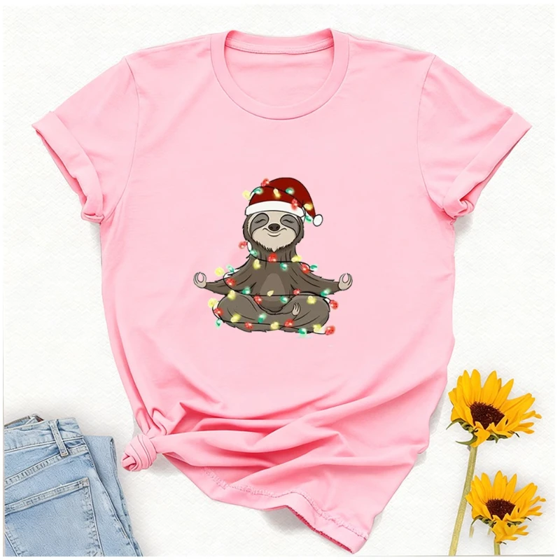Y2k Shirt Christmas Sloth Mens T-shirts Black White Kawaii Clothes Womens Vintage Christmas Lights Summer Print Streetwear