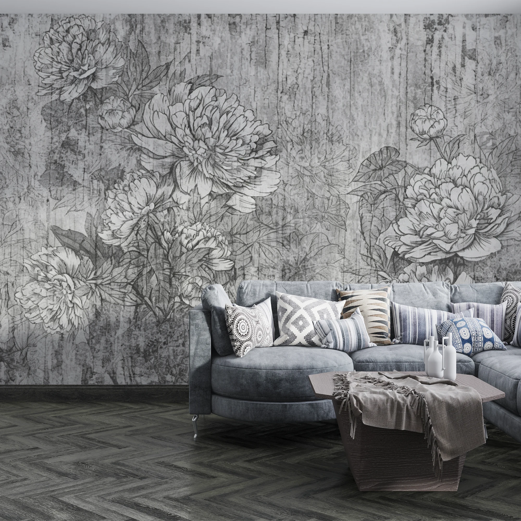 Vintage Peony Floral Wallpaper Self‑Adhesive Sketch Flower Wood Grain Wall Mural Living Room Bedroom Home Wall Decor