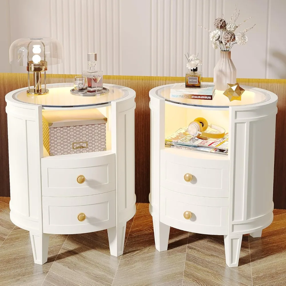 

pair of modern ivory white nightstands with led glass tops and oval bedside tables, ready to use with 2 drawers each