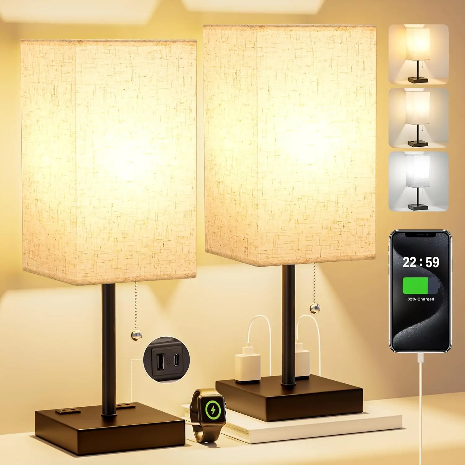 

Set of 2 Nightstand Lamps with USB/AC Outlets, 3-Color LED, E26 Bulbs Included for Bedroom/Living Room