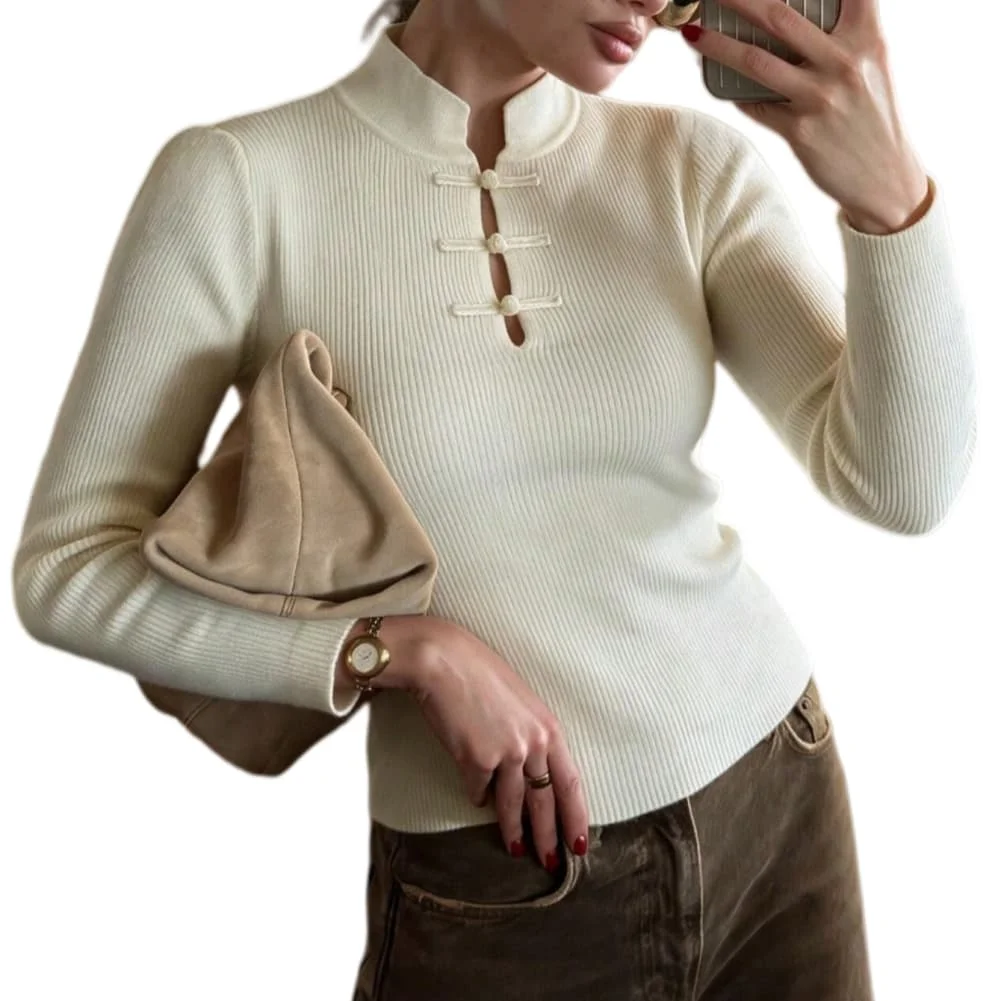 Womens Breathable Knit For Top Featuring Stand-Up Collar Button Closure Ribbed Texture and Openwork Detail for Heat