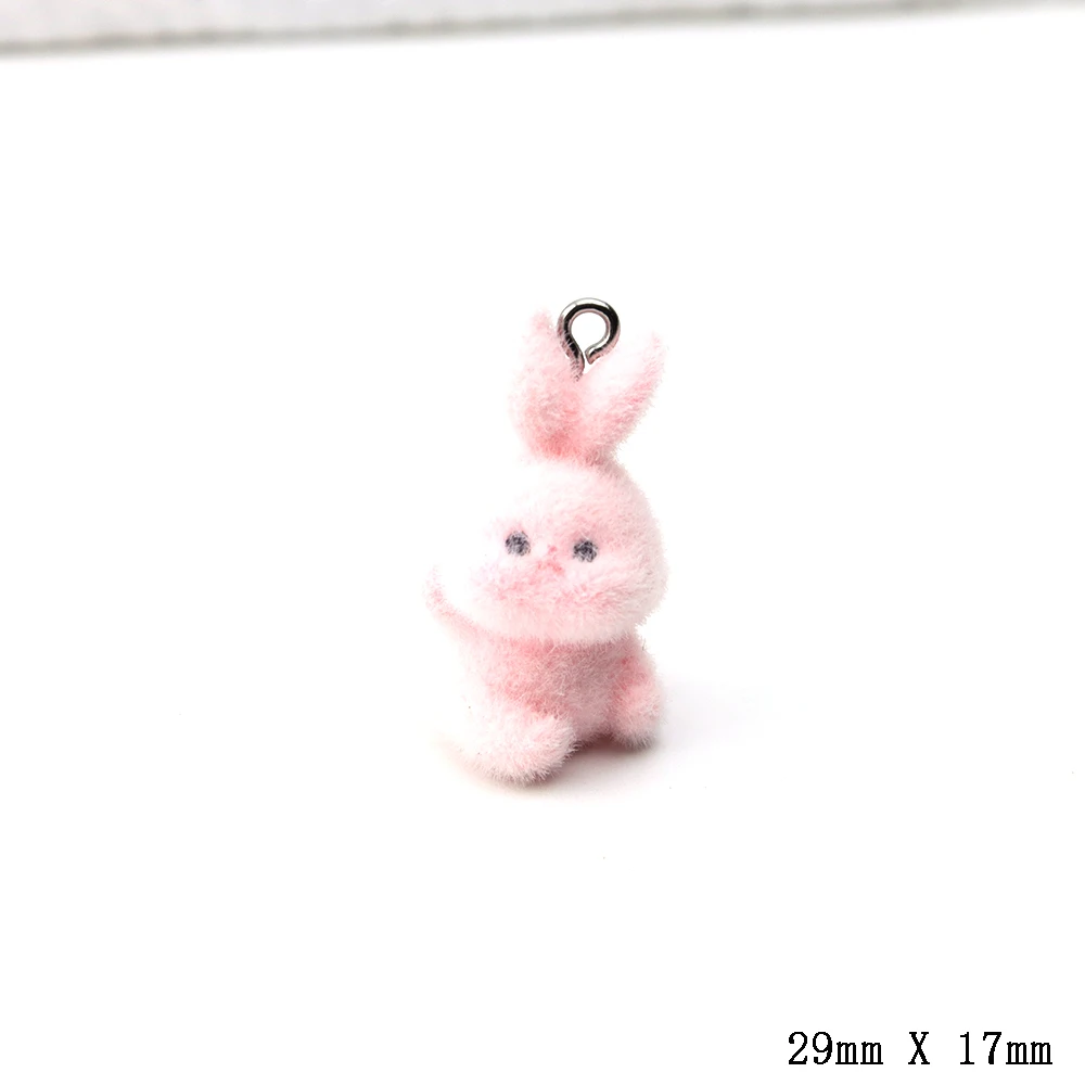 20pcs 3D Cute Rabbit Flocking Charms Cartoon Animal Pendants for Handmade Keychain Accessories DIY Crafts Jewelry Making