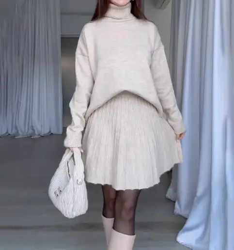 

Two Piece Set Women Outfit 2025 Spring New Solid Color High Neck Long Sleeve Loose Sweater & Simple Versatilemini Skirt Set
